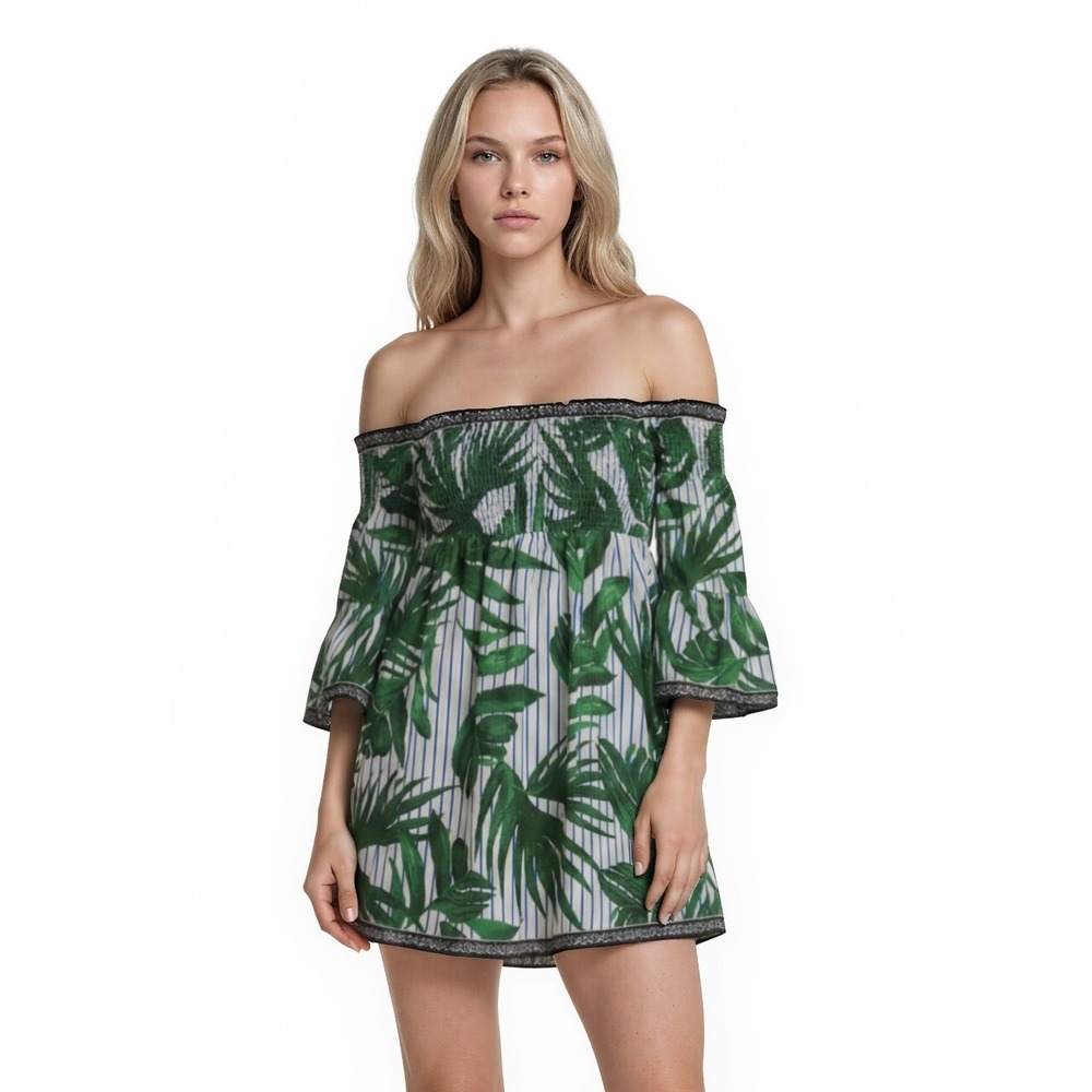Flying Tomato Dress Women's Size Large Green Tropical Palm Smocked Bell Sleeve